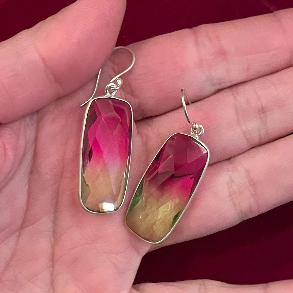 Sterling silver pink yellow tourmaline Pierced earrings